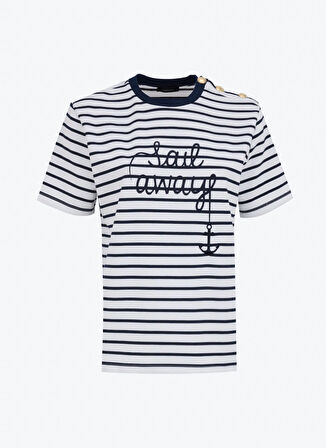 Fabrika Bisiklet Yaka Çizgili Ekru - Lacivert Kadın T-Shirt F5SL-TST0109