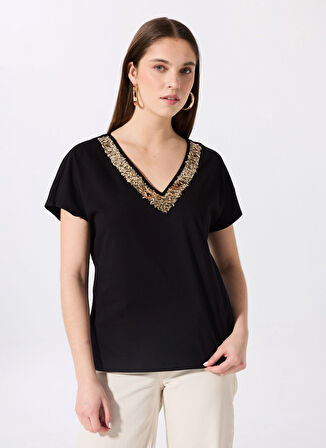 Fabrika Comfort V Yaka Payetli Siyah Kadın T-Shirt FC5SL-TST0118