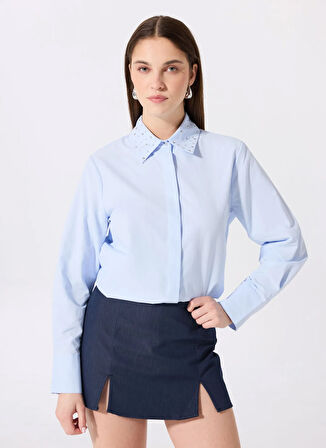 Fabrika Basic Gömlek Yaka Düz Mavi Kadın Gömlek F5SL-GML0411