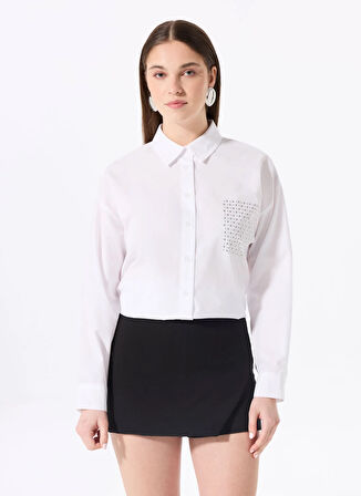 Fabrika Loose Fit Gömlek Yaka Taşlı Beyaz Kadın Gömlek F5SL-GML0409