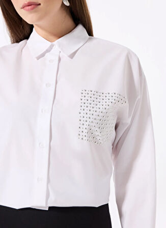 Fabrika Loose Fit Gömlek Yaka Taşlı Beyaz Kadın Gömlek F5SL-GML0409