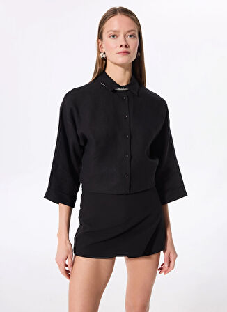 Fabrika Rahat Gömlek Yaka Düz Siyah Kadın Gömlek F5SL-GML0051