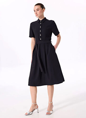 Fabrika Comfort Gömlek Yaka Düz Lacivert Diz Altı Kadın Elbise FC5SL-ELB0162