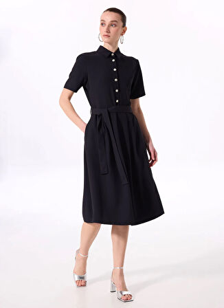 Fabrika Comfort Gömlek Yaka Düz Lacivert Diz Altı Kadın Elbise FC5SL-ELB0162