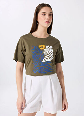 Fabrika Bisiklet Yaka Baskılı Haki Kadın T-Shirt F5SL-TST0458