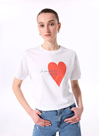Fabrika Bisiklet Yaka Baskılı Beyaz Kadın T-Shirt F5SL-TST0424