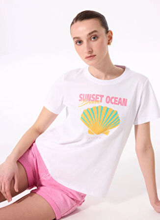 Fabrika Bisiklet Yaka Baskılı Beyaz Kadın T-Shirt F5SL-TST0430