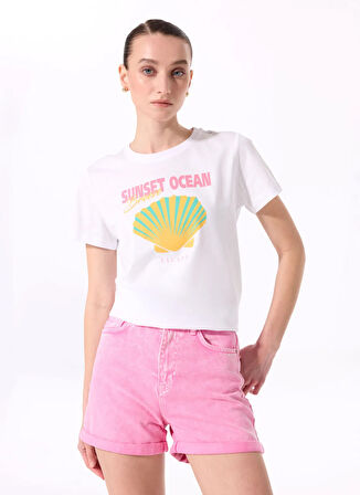 Fabrika Bisiklet Yaka Baskılı Beyaz Kadın T-Shirt F5SL-TST0430