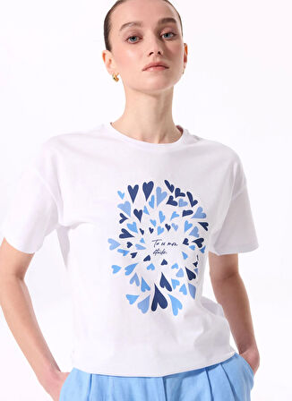 Fabrika Bisiklet Yaka Baskılı Beyaz Kadın T-Shirt F5SL-TST0425