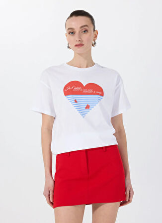 Fabrika Bisiklet Yaka Baskılı Beyaz Kadın T-Shirt F5SL-TST0426