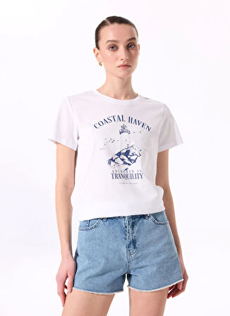 Fabrika Bisiklet Yaka Baskılı Beyaz Kadın T-Shirt F5SL-TST0444