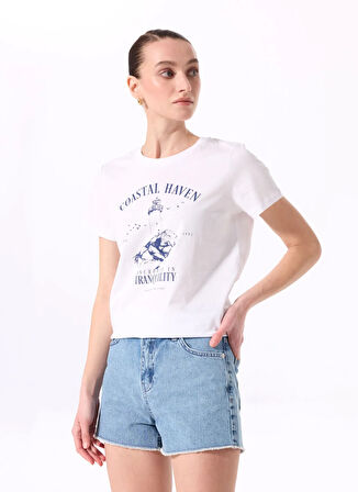 Fabrika Bisiklet Yaka Baskılı Beyaz Kadın T-Shirt F5SL-TST0444