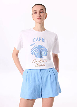 Fabrika Bisiklet Yaka Baskılı Beyaz Kadın T-Shirt F5SL-TST0468