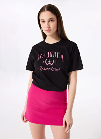 Fabrika Bisiklet Yaka Baskılı Siyah Kadın T-Shirt F5SL-TST0459