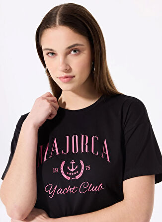 Fabrika Bisiklet Yaka Baskılı Siyah Kadın T-Shirt F5SL-TST0459