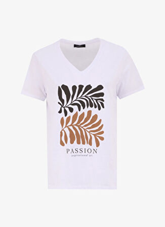 Fabrika V Yaka Baskılı Beyaz Kadın T-Shirt F5SL-TST0452
