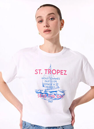 Fabrika Bisiklet Yaka Baskılı Beyaz Kadın T-Shirt F5SL-TST0462