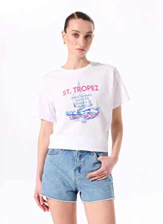 Fabrika Bisiklet Yaka Baskılı Beyaz Kadın T-Shirt F5SL-TST0462