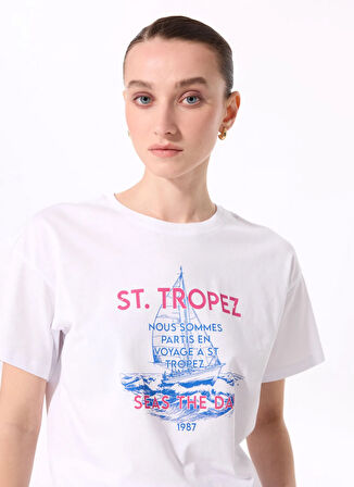 Fabrika Bisiklet Yaka Baskılı Beyaz Kadın T-Shirt F5SL-TST0462