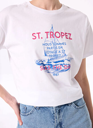Fabrika Bisiklet Yaka Baskılı Beyaz Kadın T-Shirt F5SL-TST0462