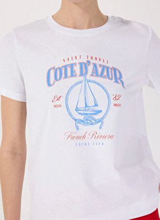 Fabrika Bisiklet Yaka Baskılı Beyaz Kadın T-Shirt F5SL-TST0466