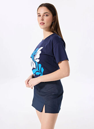 Fabrika Bisiklet Yaka Baskılı Lacivert Kadın T-Shirt F5SL-TST0456