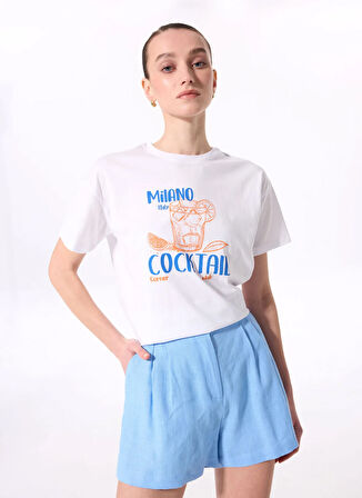 Fabrika Bisiklet Yaka Baskılı Beyaz Kadın T-Shirt F5SL-TST0470