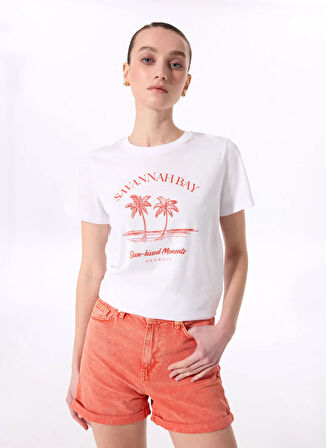 Fabrika Bisiklet Yaka Baskılı Beyaz Kadın T-Shirt F5SL-TST0445