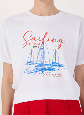 Fabrika Bisiklet Yaka Baskılı Beyaz Kadın T-Shirt F5SL-TST0467