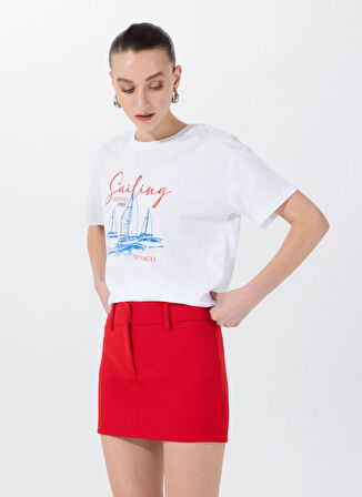 Fabrika Bisiklet Yaka Baskılı Beyaz Kadın T-Shirt F5SL-TST0467