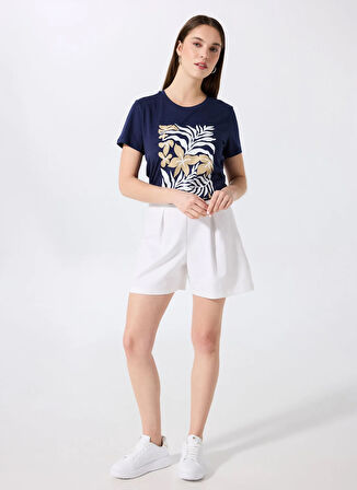 Fabrika Bisiklet Yaka Baskılı Lacivert Kadın T-Shirt F5SL-TST0451