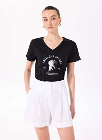 Siyah Kadın Basic Baskılı T-Shirt F5SL-TST0431
