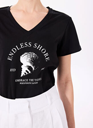 Siyah Kadın Basic Baskılı T-Shirt F5SL-TST0431
