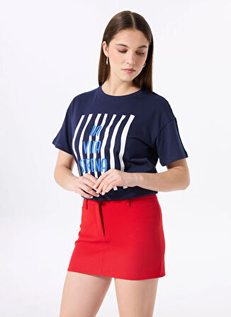 Fabrika Bisiklet Yaka Baskılı Lacivert Kadın T-Shirt F5SL-TST0436