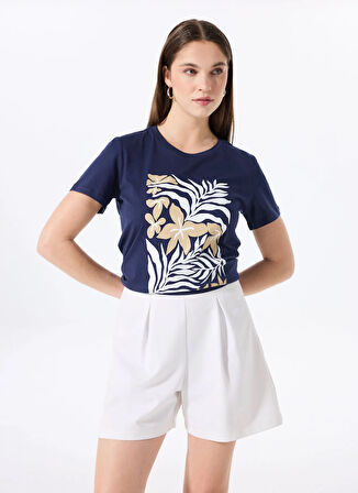Fabrika Bisiklet Yaka Baskılı Lacivert Kadın T-Shirt F5SL-TST0451