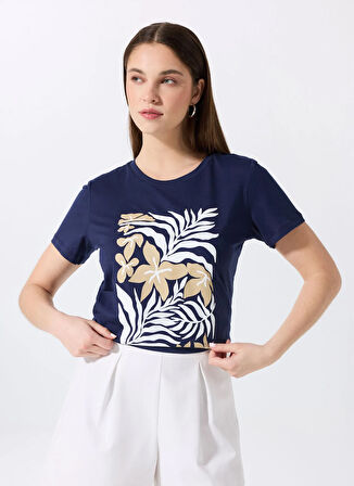 Fabrika Bisiklet Yaka Baskılı Lacivert Kadın T-Shirt F5SL-TST0451