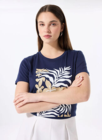 Fabrika Bisiklet Yaka Baskılı Lacivert Kadın T-Shirt F5SL-TST0451