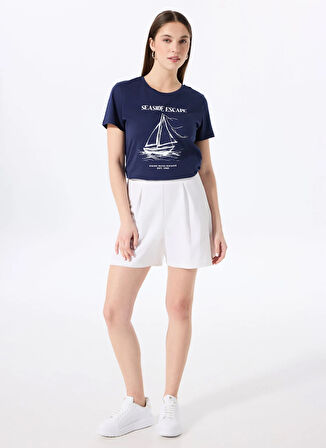 Fabrika Bisiklet Yaka Baskılı Lacivert Kadın T-Shirt F5SL-TST0446