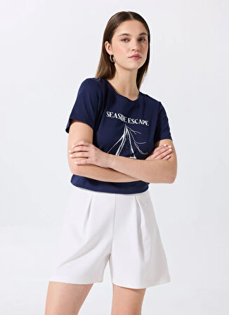 Fabrika Bisiklet Yaka Baskılı Lacivert Kadın T-Shirt F5SL-TST0446