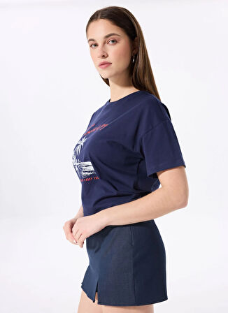 Fabrika Bisiklet Yaka Baskılı Lacivert Kadın T-Shirt F5SL-TST0465