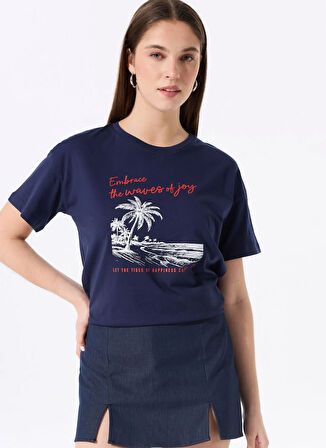 Fabrika Bisiklet Yaka Baskılı Lacivert Kadın T-Shirt F5SL-TST0465