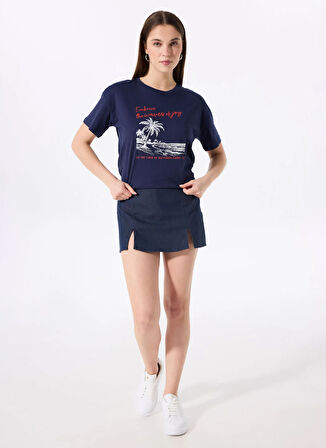 Fabrika Bisiklet Yaka Baskılı Lacivert Kadın T-Shirt F5SL-TST0465