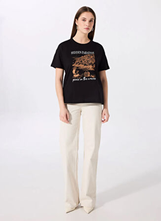 Fabrika Bisiklet Yaka Baskılı Siyah Kadın T-Shirt F5SL-TST0463