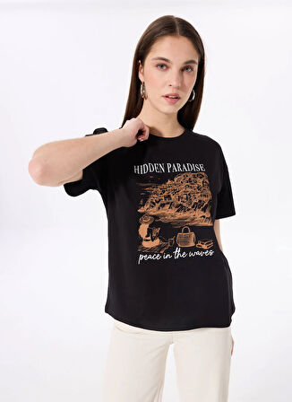 Fabrika Bisiklet Yaka Baskılı Siyah Kadın T-Shirt F5SL-TST0463