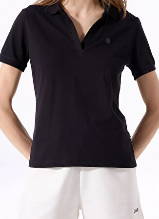 Siyah Kadın Relaxed Düz Polo T-Shirt J5SL-TST7070