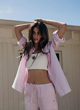 Jeep Relaxed Gömlek Yaka Çizgili Pembe Kadın Gömlek J5SL-GML7002