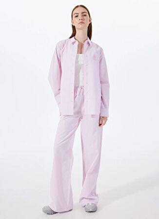 Jeep Relaxed Gömlek Yaka Çizgili Pembe Kadın Gömlek J5SL-GML7002