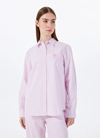 Jeep Relaxed Gömlek Yaka Çizgili Pembe Kadın Gömlek J5SL-GML7002