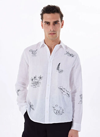 Beyaz Erkek Regular Fit Nakışlı %100 Keten Gömlek F5SM-GML 2737