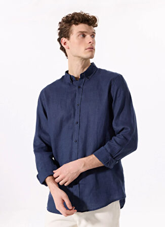 Lacivert Erkek Düğmeli Regular Fit %100 Keten Gömlek F5SM-GML 2767